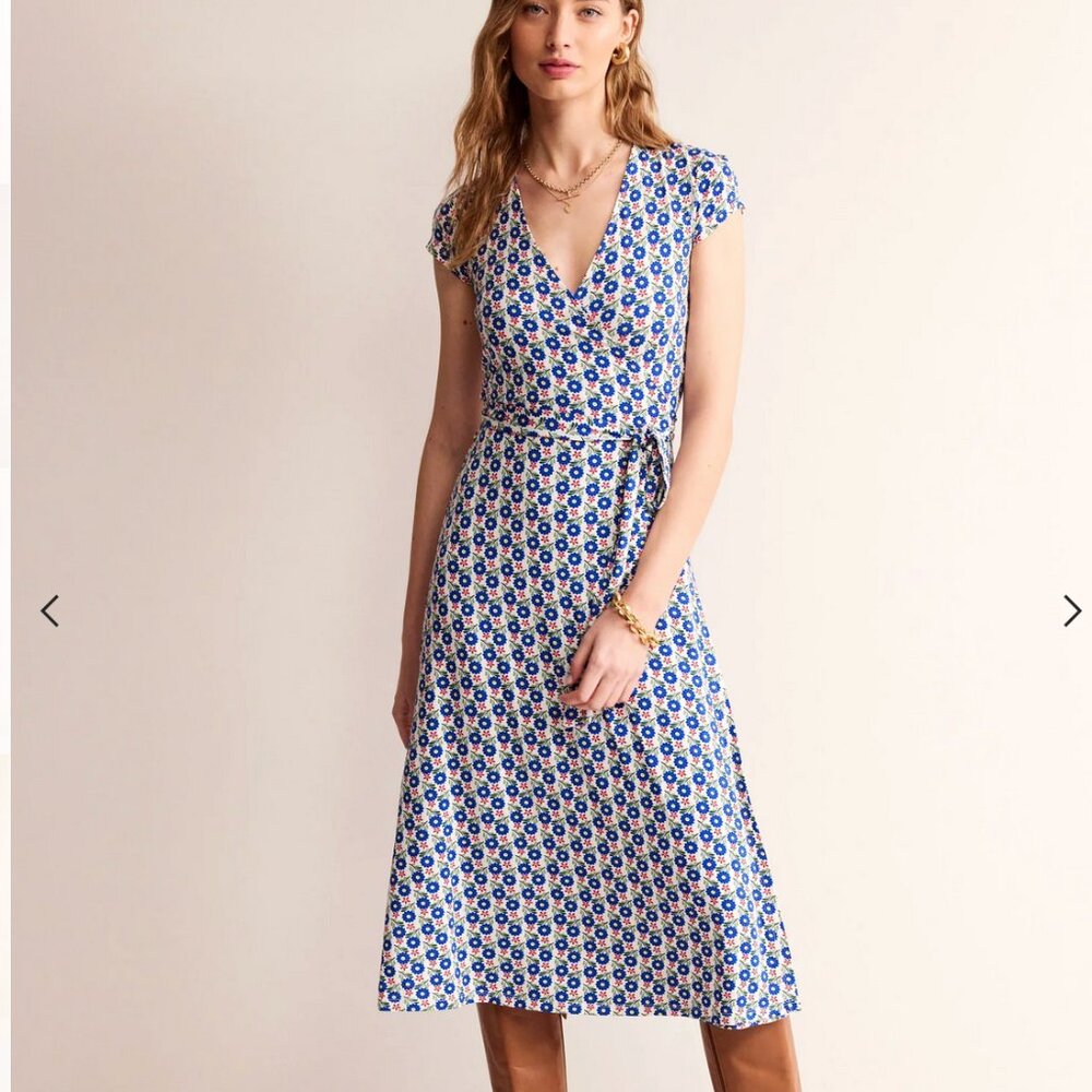 NWOT Boden Joanna Cap Sleeve Wrap Dress Multi, Jersey Bloom Sprig US 8 L
